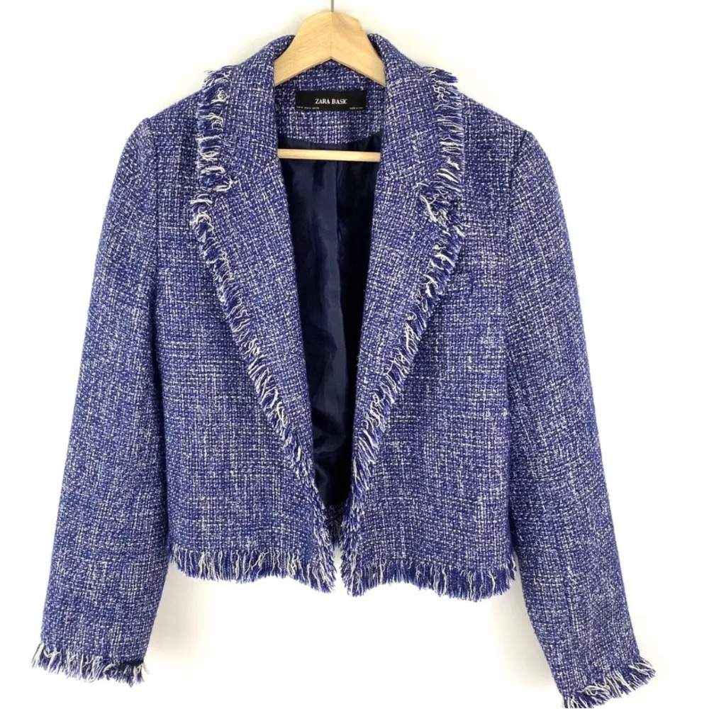 ZARA Women's Cropped Open  Front Blue Tweed Blazer Fringe Hem Size S